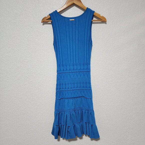 Milly Blue Pepper Dress Chic Mini Sleeveless Ribbed Knit Top Ruffle Hem Bold - Picture 2 of 8